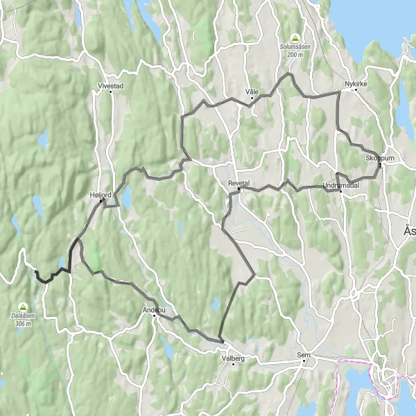 Map miniature of "Revetal Loop" cycling inspiration in Agder og Sør-Østlandet, Norway. Generated by Tarmacs.app cycling route planner