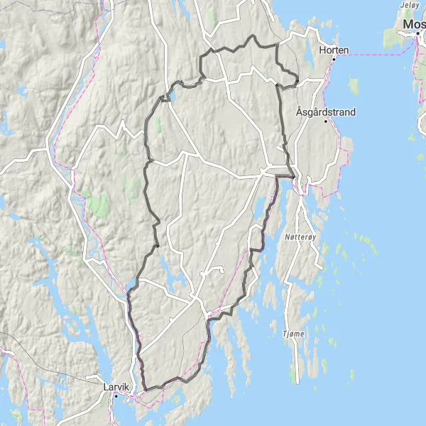Kartminiatyr av "Oppdagelsestur fra Skoppum til Hedrum" sykkelinspirasjon i Agder og Sør-Østlandet, Norway. Generert av Tarmacs.app sykkelrutoplanlegger