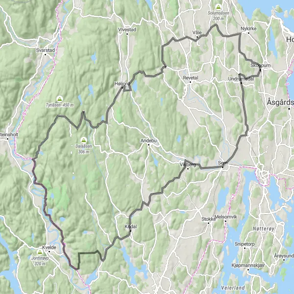 Map miniature of "Skoppum to Undrumsdal round-trip" cycling inspiration in Agder og Sør-Østlandet, Norway. Generated by Tarmacs.app cycling route planner
