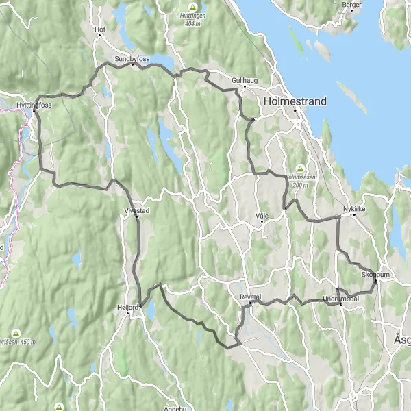 Map miniature of "Skoppum to Revetal round-trip" cycling inspiration in Agder og Sør-Østlandet, Norway. Generated by Tarmacs.app cycling route planner