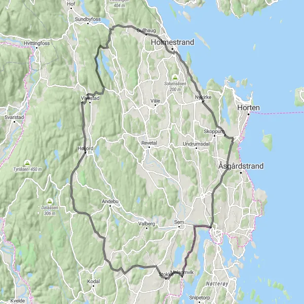 Map miniature of "Coastal Beauty and Towering Heights" cycling inspiration in Agder og Sør-Østlandet, Norway. Generated by Tarmacs.app cycling route planner