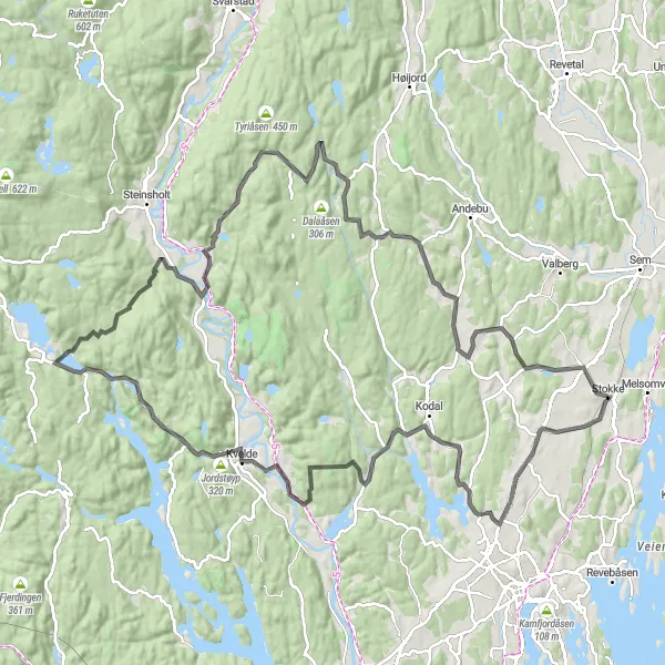 Kartminiatyr av "Stokke til Kvelde via Goksjø og Numedalslågen" sykkelinspirasjon i Agder og Sør-Østlandet, Norway. Generert av Tarmacs.app sykkelrutoplanlegger