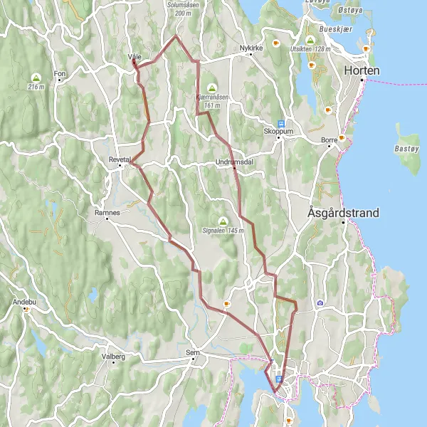 Kartminiatyr av "Grusvei eventyr i nærheten av Tønsberg" sykkelinspirasjon i Agder og Sør-Østlandet, Norway. Generert av Tarmacs.app sykkelrutoplanlegger