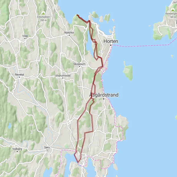 Kartminiatyr av "Oseberghaugen og Borrehaugene Grustur" sykkelinspirasjon i Agder og Sør-Østlandet, Norway. Generert av Tarmacs.app sykkelrutoplanlegger