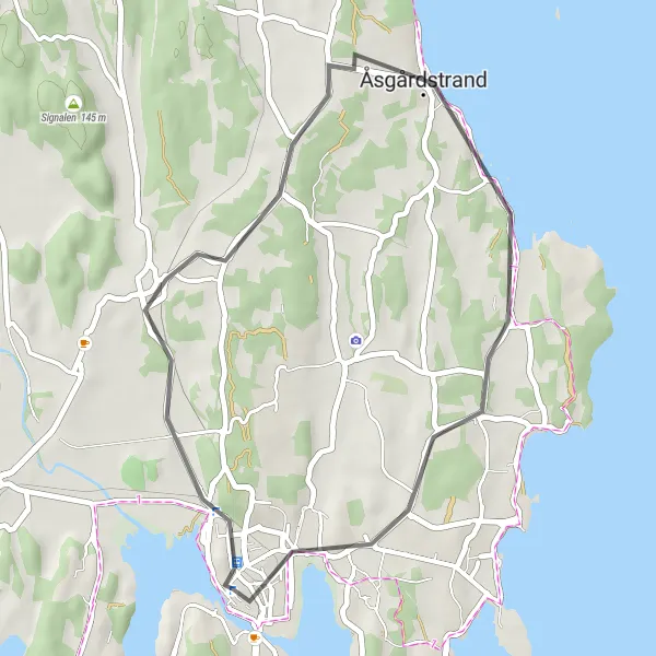 Kartminiatyr av "Kystperlene i Vestfold" sykkelinspirasjon i Agder og Sør-Østlandet, Norway. Generert av Tarmacs.app sykkelrutoplanlegger