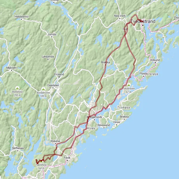 Kartminiatyr av "Grusvei-eventyr til Rykene og Batteriet" sykkelinspirasjon i Agder og Sør-Østlandet, Norway. Generert av Tarmacs.app sykkelrutoplanlegger