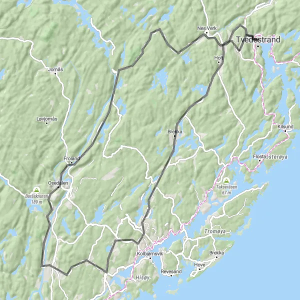 Kartminiatyr av "Historisk sykkeltur til Osedalen og Bøylefoss" sykkelinspirasjon i Agder og Sør-Østlandet, Norway. Generert av Tarmacs.app sykkelrutoplanlegger