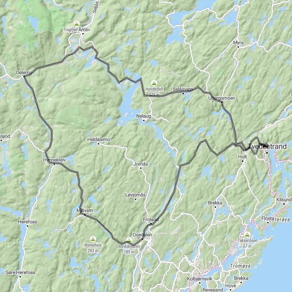 Kartminiatyr av "Landskapsopplevelser til Bøylefoss og Dølemo" sykkelinspirasjon i Agder og Sør-Østlandet, Norway. Generert av Tarmacs.app sykkelrutoplanlegger