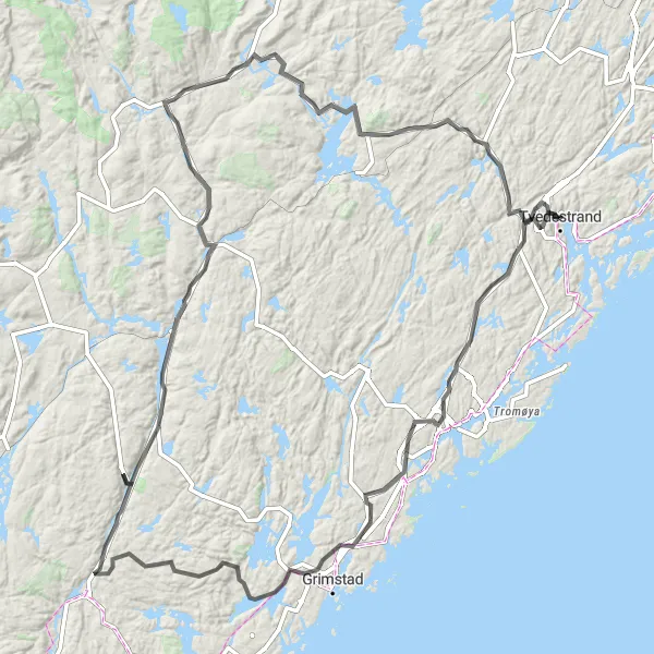 Map miniature of "Coastal Adventure" cycling inspiration in Agder og Sør-Østlandet, Norway. Generated by Tarmacs.app cycling route planner