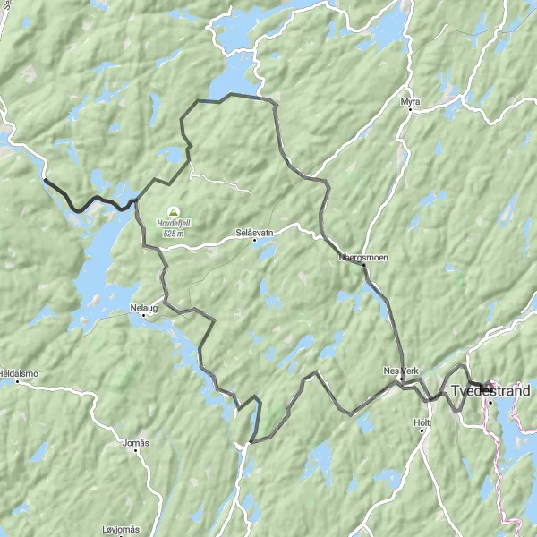 Map miniature of "Riverside Escape" cycling inspiration in Agder og Sør-Østlandet, Norway. Generated by Tarmacs.app cycling route planner