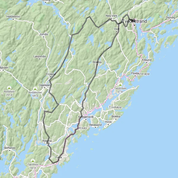 Map miniature of "Forest Escape" cycling inspiration in Agder og Sør-Østlandet, Norway. Generated by Tarmacs.app cycling route planner