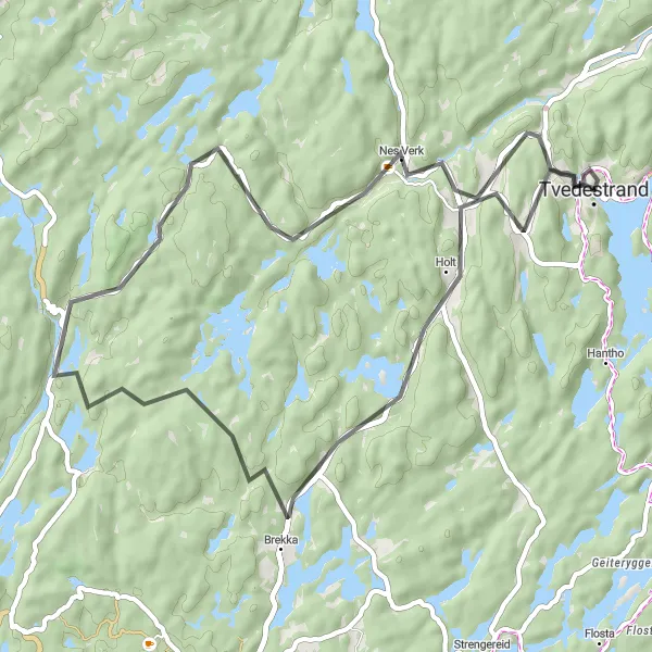 Kartminiatyr av "Holt til Hegland sykkelrute" sykkelinspirasjon i Agder og Sør-Østlandet, Norway. Generert av Tarmacs.app sykkelrutoplanlegger