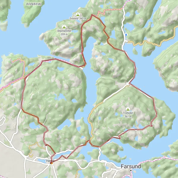 Map miniature of "The Fame Ride" cycling inspiration in Agder og Sør-Østlandet, Norway. Generated by Tarmacs.app cycling route planner