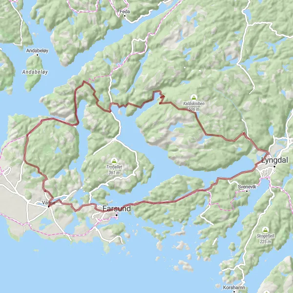 Kartminiatyr av "Opplev 76 km med grussykling fra Vanse til Bellevy" sykkelinspirasjon i Agder og Sør-Østlandet, Norway. Generert av Tarmacs.app sykkelrutoplanlegger