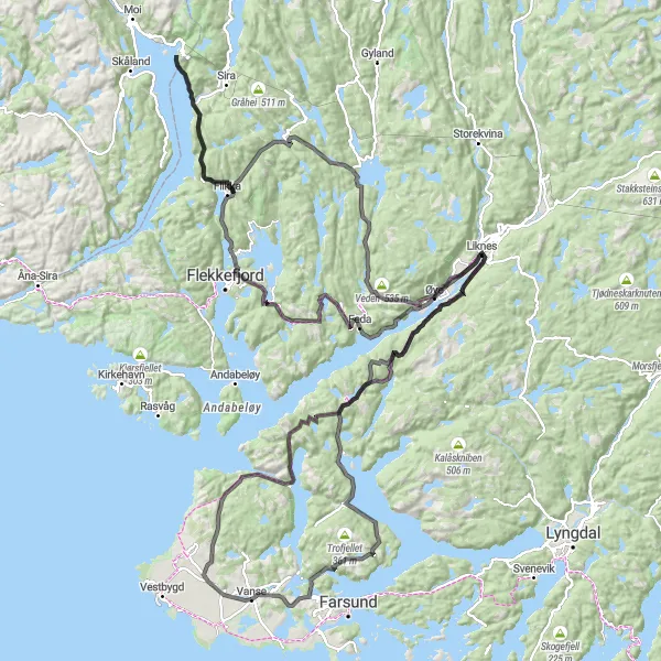 Kartminiatyr av "Utforsk vakre steder på 169 km lang veissykkeltur fra Vanse" sykkelinspirasjon i Agder og Sør-Østlandet, Norway. Generert av Tarmacs.app sykkelrutoplanlegger