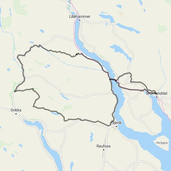 Map miniature of "Challenging Route to Landåsbygda" cycling inspiration in Innlandet, Norway. Generated by Tarmacs.app cycling route planner
