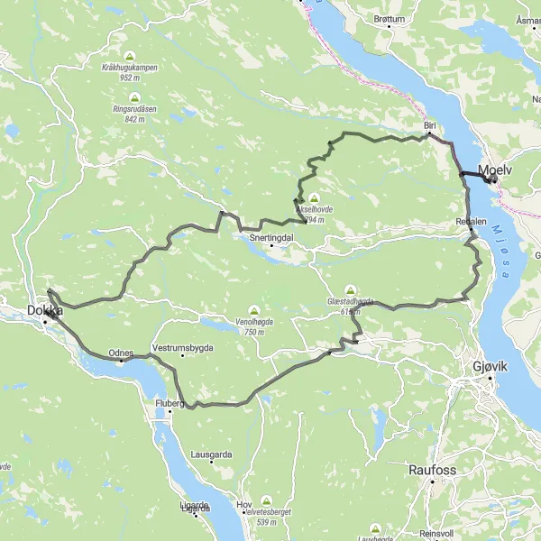 Map miniature of "Mountain Rush" cycling inspiration in Innlandet, Norway. Generated by Tarmacs.app cycling route planner