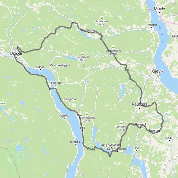 Map miniature of "The Valiant Valleys" cycling inspiration in Innlandet, Norway. Generated by Tarmacs.app cycling route planner