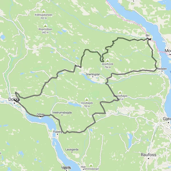 Kartminiatyr av "Rund sykkeltur med variert terreng" sykkelinspirasjon i Innlandet, Norway. Generert av Tarmacs.app sykkelrutoplanlegger