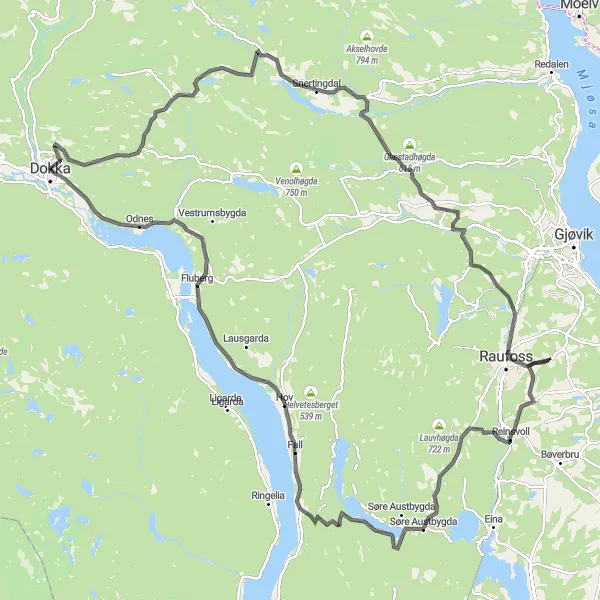 Kartminiatyr av "Utforskende landeveistur fra Dokka" sykkelinspirasjon i Innlandet, Norway. Generert av Tarmacs.app sykkelrutoplanlegger