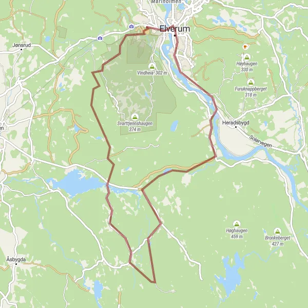 Kartminiatyr av "Grusvei Eventyr i Elverum" sykkelinspirasjon i Innlandet, Norway. Generert av Tarmacs.app sykkelrutoplanlegger