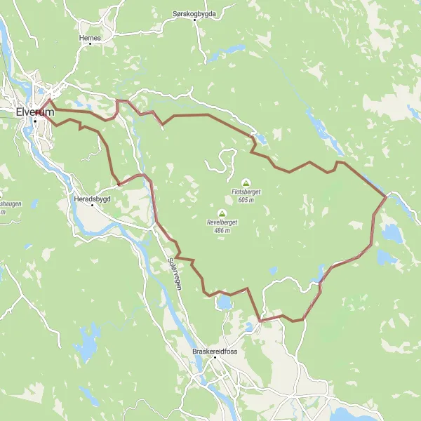 Kartminiatyr av "Høyhaugen og Løvberget Loop" sykkelinspirasjon i Innlandet, Norway. Generert av Tarmacs.app sykkelrutoplanlegger