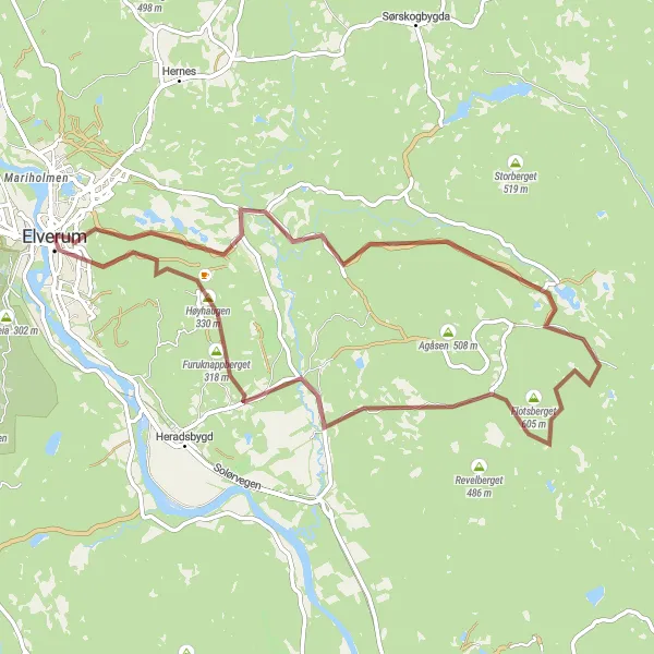 Kartminiatyr av "Rønåsen til Elverum Eventyr" sykkelinspirasjon i Innlandet, Norway. Generert av Tarmacs.app sykkelrutoplanlegger