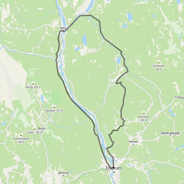 Map miniature of "The Long Haul: Rena and Lindberget Adventure" cycling inspiration in Innlandet, Norway. Generated by Tarmacs.app cycling route planner