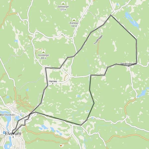 Kartminiatyr av "Elverum til Kristiansfjell Rundtur" sykkelinspirasjon i Innlandet, Norway. Generert av Tarmacs.app sykkelrutoplanlegger