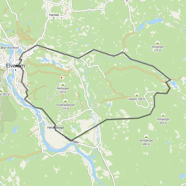 Kartminiatyr av "Kvithammarberget Loop tur" sykkelinspirasjon i Innlandet, Norway. Generert av Tarmacs.app sykkelrutoplanlegger