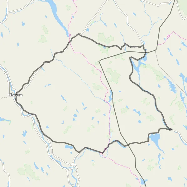 Kartminiatyr av "Elverum til Höljes og tilbake" sykkelinspirasjon i Innlandet, Norway. Generert av Tarmacs.app sykkelrutoplanlegger