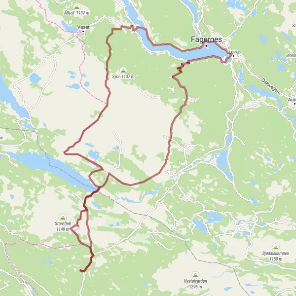 Map miniature of "Off-Road Adventure: Fagernes to Strengen" cycling inspiration in Innlandet, Norway. Generated by Tarmacs.app cycling route planner