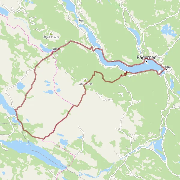 Map miniature of "Fagernes and Kvitvellafossen Gravel Route" cycling inspiration in Innlandet, Norway. Generated by Tarmacs.app cycling route planner