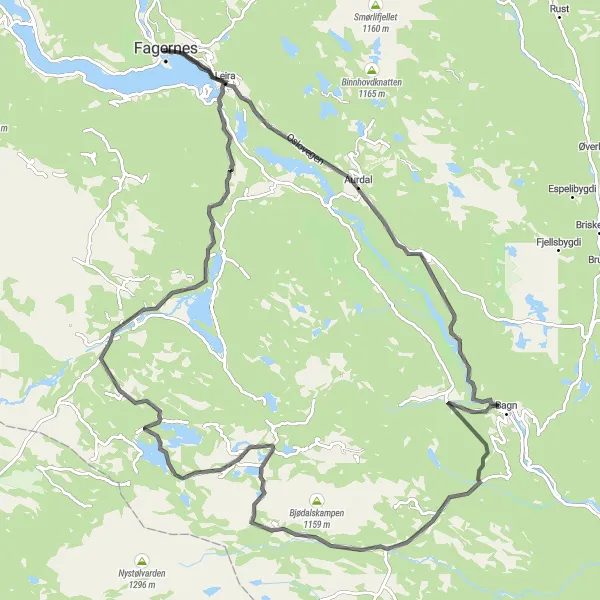 Map miniature of "Fagernes and Tempelhaugen Loop" cycling inspiration in Innlandet, Norway. Generated by Tarmacs.app cycling route planner