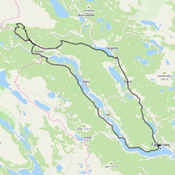 Map miniature of "Fagernes and the Fjords" cycling inspiration in Innlandet, Norway. Generated by Tarmacs.app cycling route planner