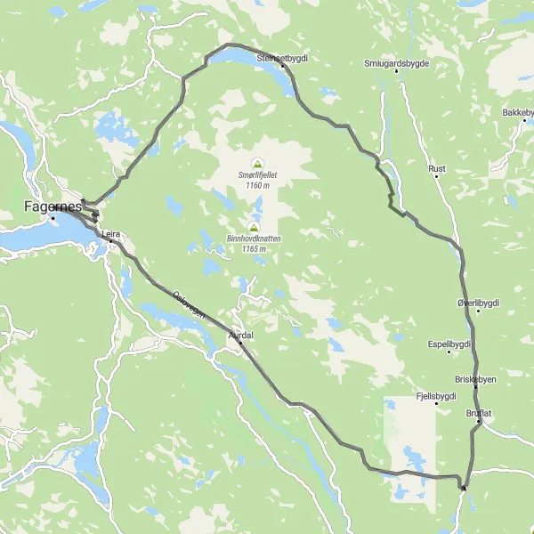 Map miniature of "Fagernes and Aurdal Road Route" cycling inspiration in Innlandet, Norway. Generated by Tarmacs.app cycling route planner
