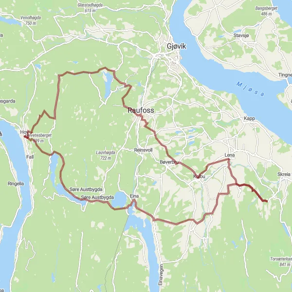 Map miniature of "Hov Gravel Adventure" cycling inspiration in Innlandet, Norway. Generated by Tarmacs.app cycling route planner