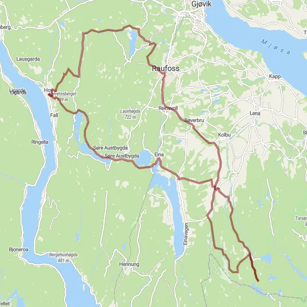 Map miniature of "Road to Trevatn and Helvetesberget" cycling inspiration in Innlandet, Norway. Generated by Tarmacs.app cycling route planner