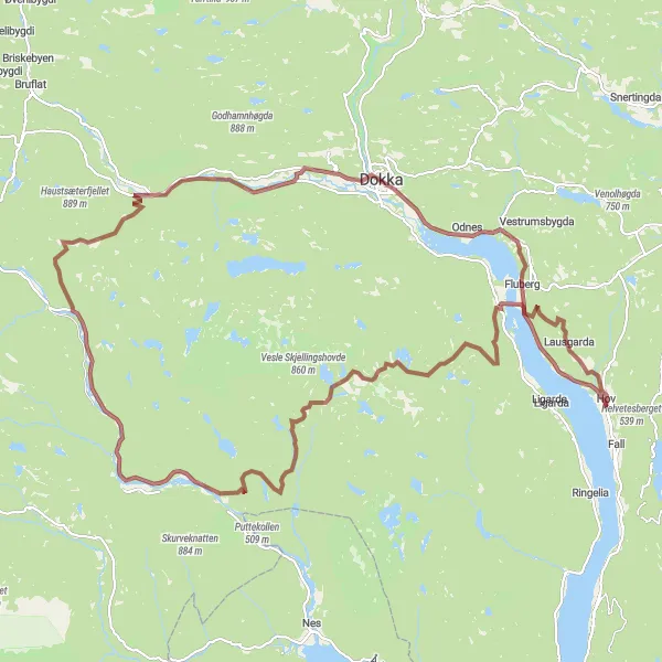 Map miniature of "Gravel Adventure to Haugsrud and Skogstadknatten" cycling inspiration in Innlandet, Norway. Generated by Tarmacs.app cycling route planner