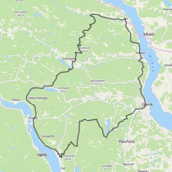 Kartminiatyr av "Hov - Fluberg - Landåsbygda - Alsetstuguberget - Biri - Gjøvik - Hovdetoppen - Helvetesberget - Hov" sykkelinspirasjon i Innlandet, Norway. Generert av Tarmacs.app sykkelrutoplanlegger