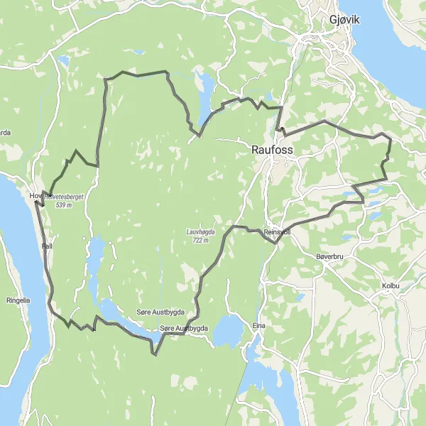 Map miniature of "Hov to Helvetesberget and Trevatn" cycling inspiration in Innlandet, Norway. Generated by Tarmacs.app cycling route planner