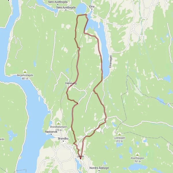 Map miniature of "Hennung and Korssæterhaugen Gravel Loop" cycling inspiration in Innlandet, Norway. Generated by Tarmacs.app cycling route planner