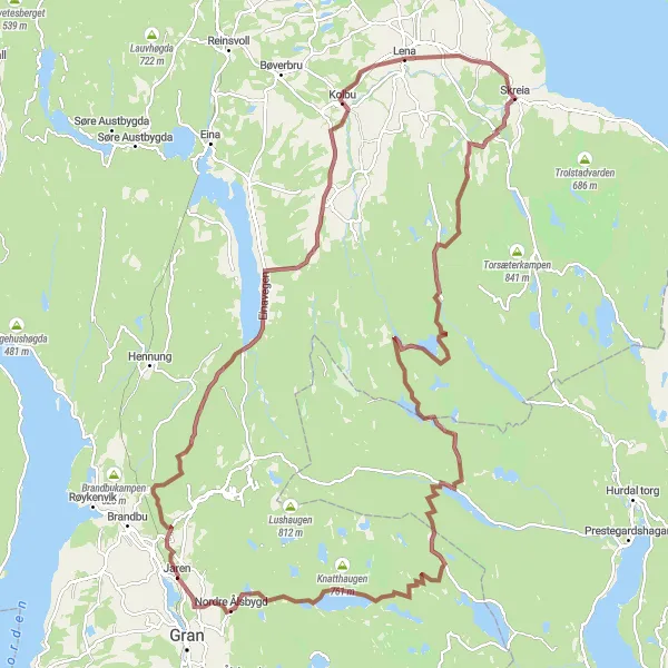 Map miniature of "Korssæterhaugen and Skreia Gravel Loop" cycling inspiration in Innlandet, Norway. Generated by Tarmacs.app cycling route planner