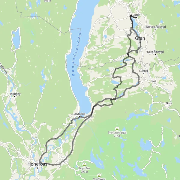 Kartminiatyr av "Rundtur fra Jaren til Gran og Granavollen" sykkelinspirasjon i Innlandet, Norway. Generert av Tarmacs.app sykkelrutoplanlegger