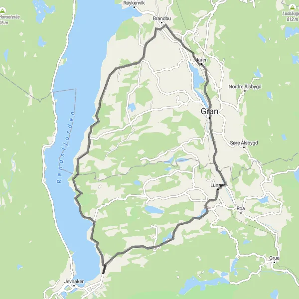 Map miniature of "Gran and Lunner Road Loop" cycling inspiration in Innlandet, Norway. Generated by Tarmacs.app cycling route planner