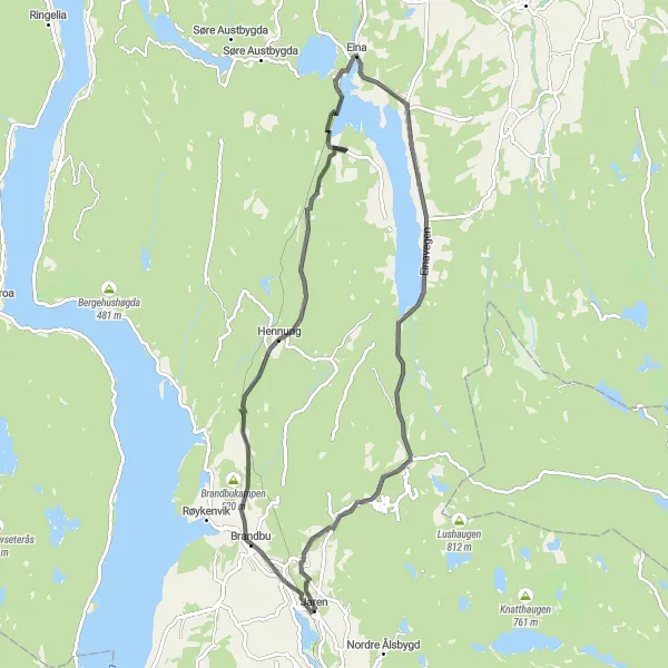 Map miniature of "Brandbu and Eina Road Loop" cycling inspiration in Innlandet, Norway. Generated by Tarmacs.app cycling route planner