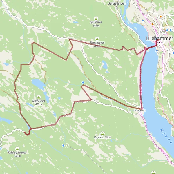 Map miniature of "Lillehammer Gravel Adventure" cycling inspiration in Innlandet, Norway. Generated by Tarmacs.app cycling route planner