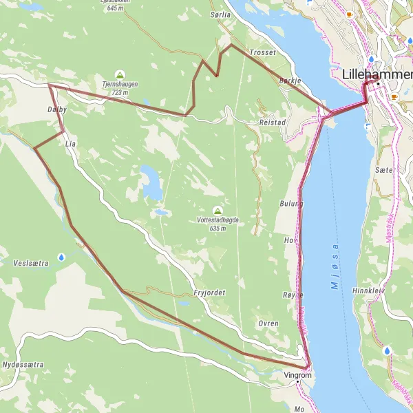 Map miniature of "Lillehammer to Tjernshaugen" cycling inspiration in Innlandet, Norway. Generated by Tarmacs.app cycling route planner