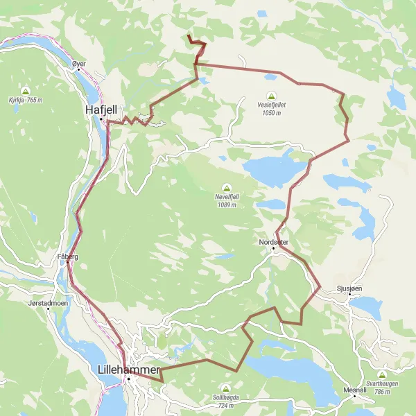Map miniature of "Hafjell Gravel Adventure" cycling inspiration in Innlandet, Norway. Generated by Tarmacs.app cycling route planner