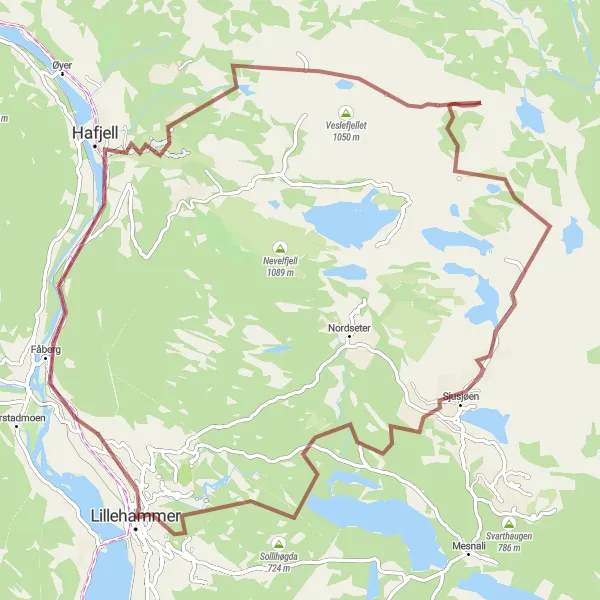 Kartminiatyr av "Grusvei fra Lillehammer til Sauhaugen" sykkelinspirasjon i Innlandet, Norway. Generert av Tarmacs.app sykkelrutoplanlegger